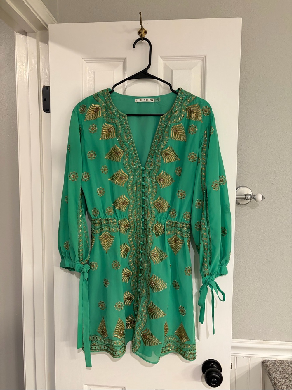 Alice + Olivia Zia Embroidered Mini Dress Green Gold Size Small